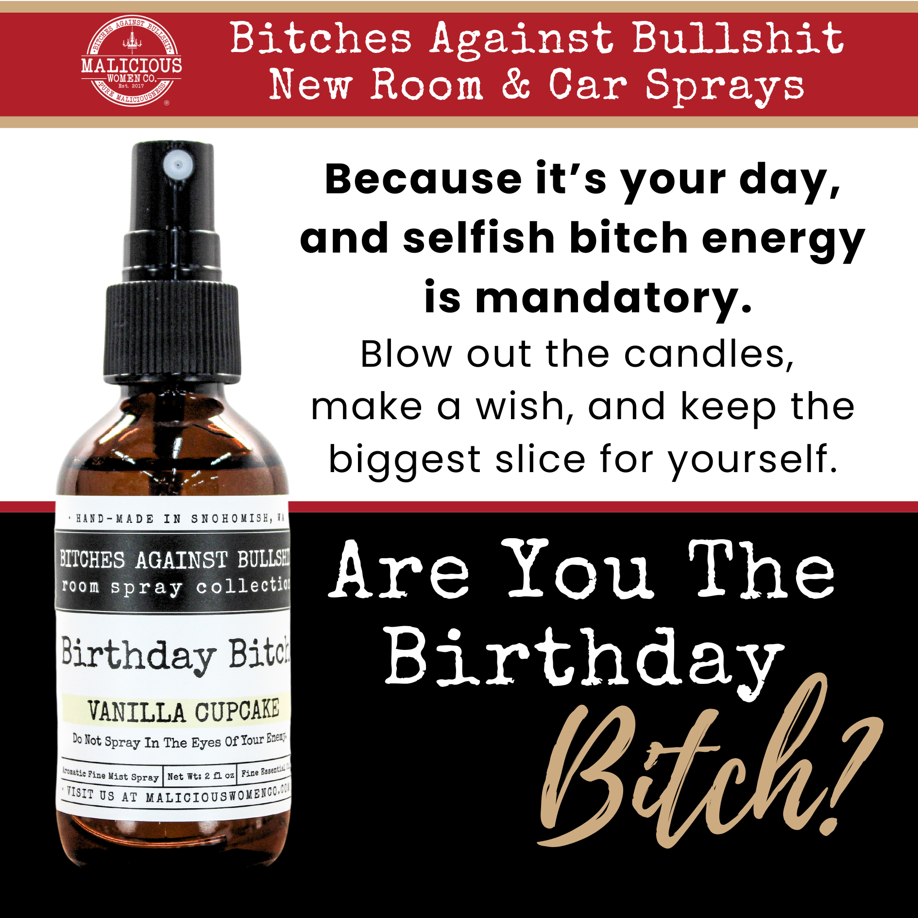 Malicious Women Candle CO. Room Spray and Car Spray- Birthday Bitch