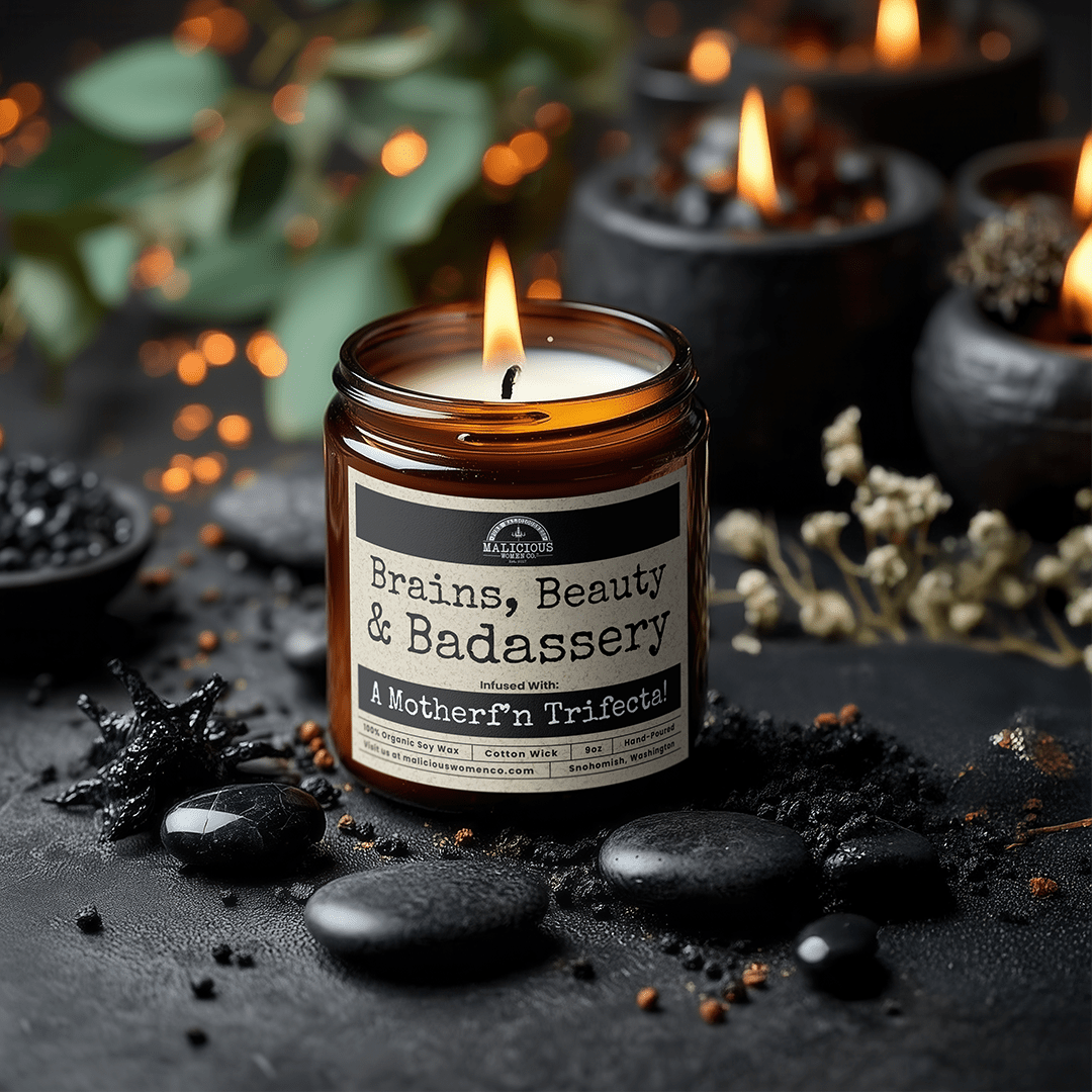Brains Beauty Badassery | Scent: Rebel Rose | 9oz Funny Candle | Malicious Women Co - Malicious Women Co. -Candle