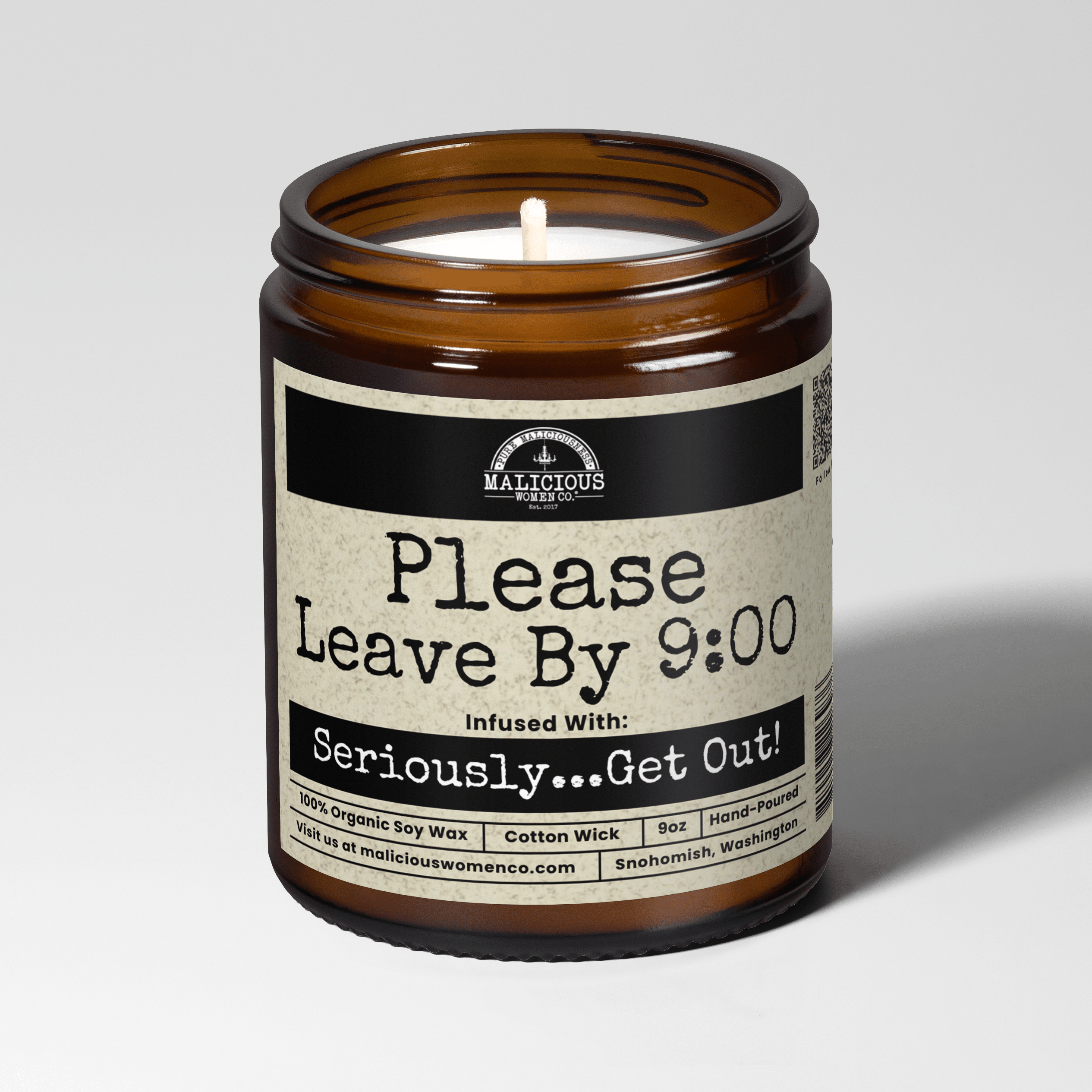 Please Leave By 9:00 | Scent: Jasmine & Eucalyptus | 9oz Funny Candle | Malicious Women Co - Malicious Women Co. -Candle