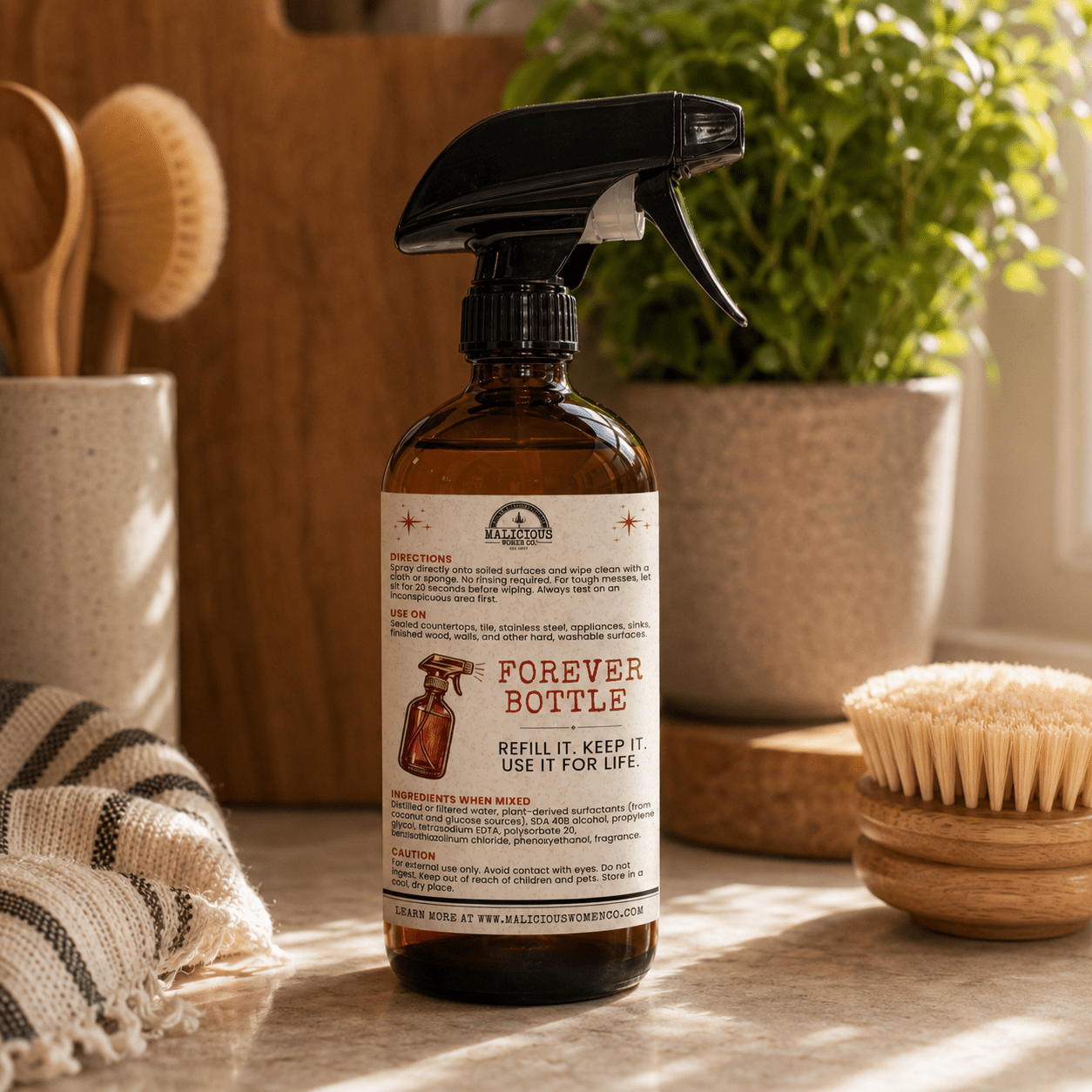 Reusable Forever Amber Glass Spray Bottle- Empty - Malicious Women Co. -Household Cleaner